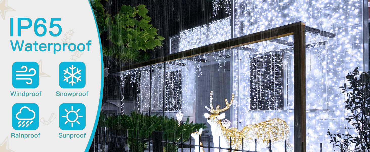 Лампочки-завіса для декору інтер'єру та екстер'єру 300 LED, 3x3м, різдвяне освітлення, 8 режимів, таймер, вологостійка, для вікна, стіни, вечірки, шлюбу, холодний білий