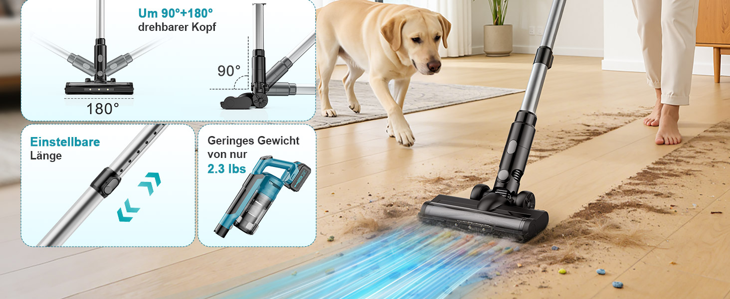 Бездротовий акумуляторний пилосос 700W з 2 акумуляторами 4.0 Ah, LED-дисплеєм, щіткою проти ковтунів, об'ємом 2L, синього кольору. Підходить для килимів, шерсті тварин та твердих підлог.