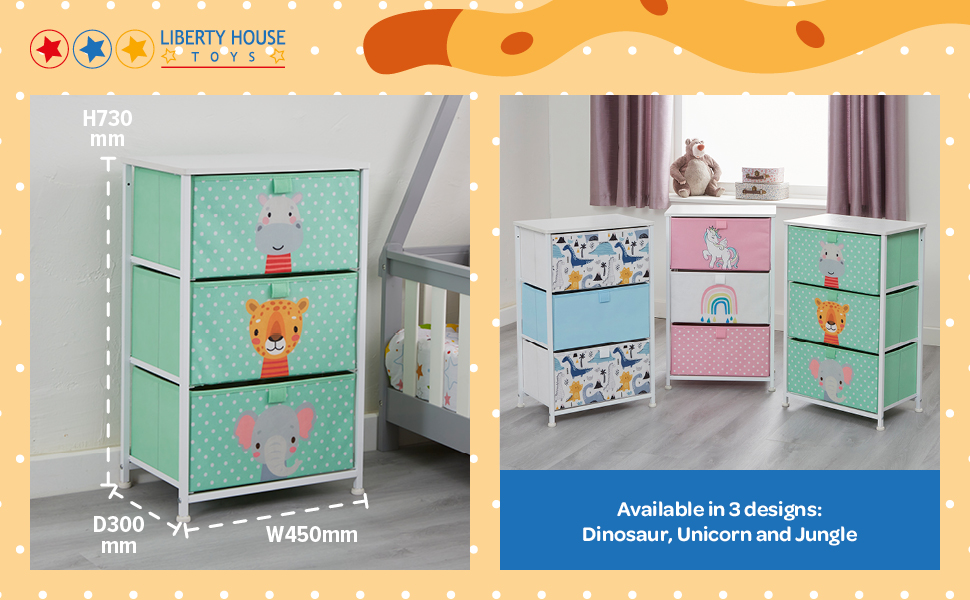 Дитяча комод-скриня Liberty House Toys Єдиноріг, для одягу та іграшок, з металевим каркасом, дерев'яною кришкою, 3 тканинних ящики, для дитячої кімнати, спальні, ігрової кімнати