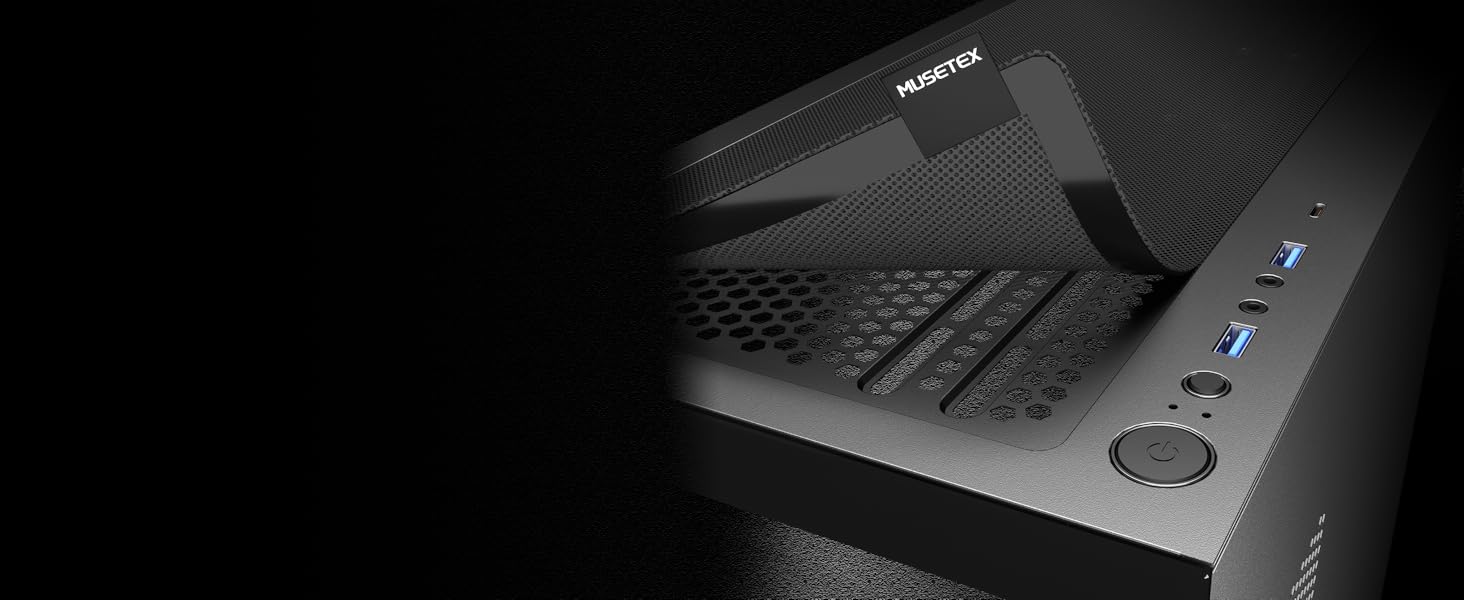 Корпус ПК MUSETEX K2: Mid Tower ATX з 7 PWM ARGB вентиляторами, подвійне панорамне скло, Type-C, чорний (42,5 x 21,2 x 47 см)