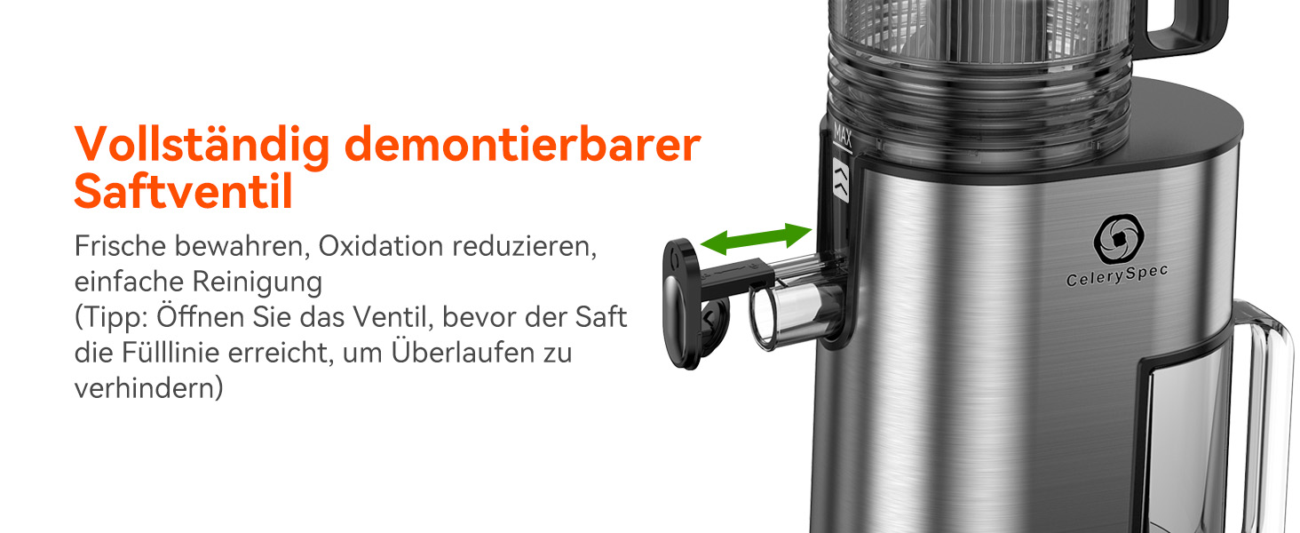 Соковитискач CelerySpec Slow Juicer - переможець тесту, для цілих овочів та фруктів, 130 мм, 1.8л, BPA-free, 250W, з функцією зворотного ходу, нержавіюча сталь, чорний