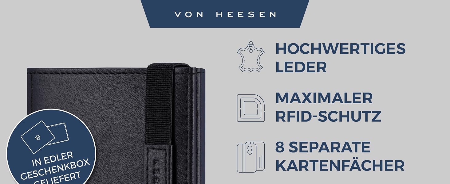 Шкіряний тонкий гаманець VON HEESEN з RFID-захистом, компактний картхолдер для чоловіків та жінок, чорний (гладка шкіра, без монетниці)