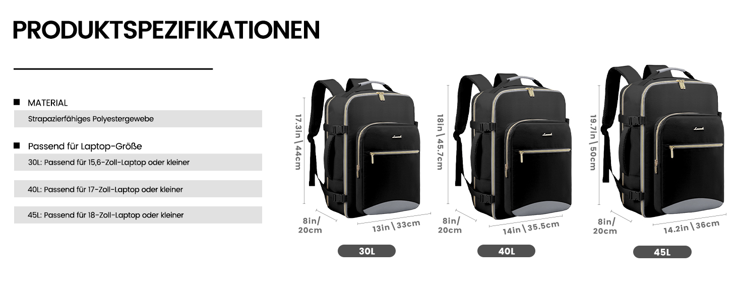 LOVEVOOK Рюкзак для ручної поклажі, 40L, для подорожей, ділових поїздок, вихідних, для ноутбука 17