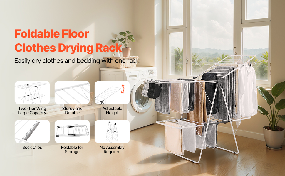 Сушарка для білизни VEVOR 2-ярусна розкладна з прищіпками та 31 вішалкою, регульована по висоті, металева, для ванної, балкону, 1470 x 600 x 1000 мм