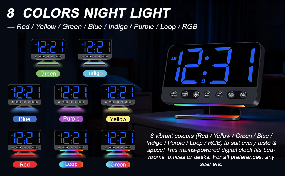 Цифровий будильник з LED-дисплеєм та RGB-підсвіткою, потужний сигнал 30-110 дБ для міцного сну, USB-порт, функція Snooze, настільний годинник (Синій)