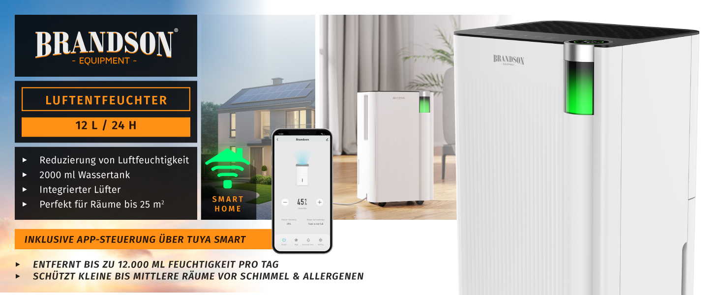Електричний осушувач повітря Brandson з компресором, 12 літрів, Wi-Fi, з додатком, таймер, відвід води через шланг, захист від замерзання, білий