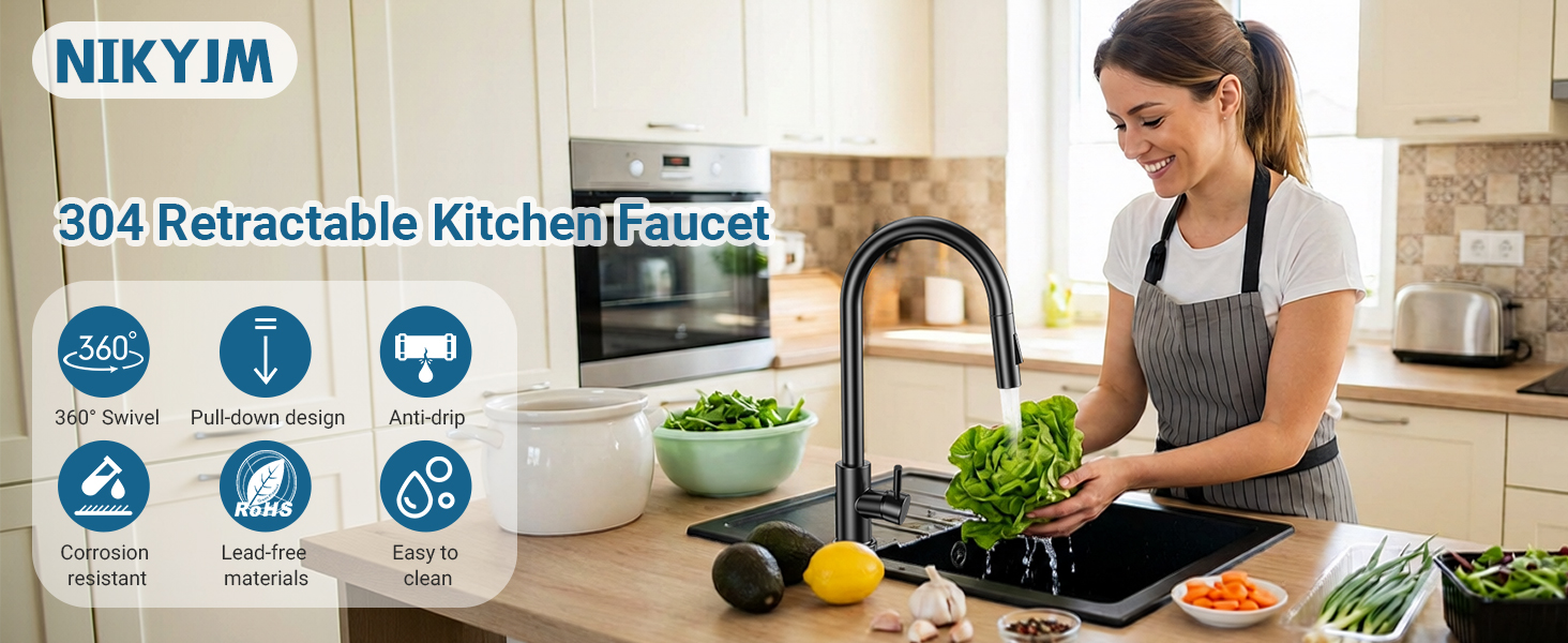 Чорний кухонний змішувач з висувною лійкою, 360° поворот, нержавіюча сталь, гаряча/холодна вода, G3/8'', 2 режими струменя