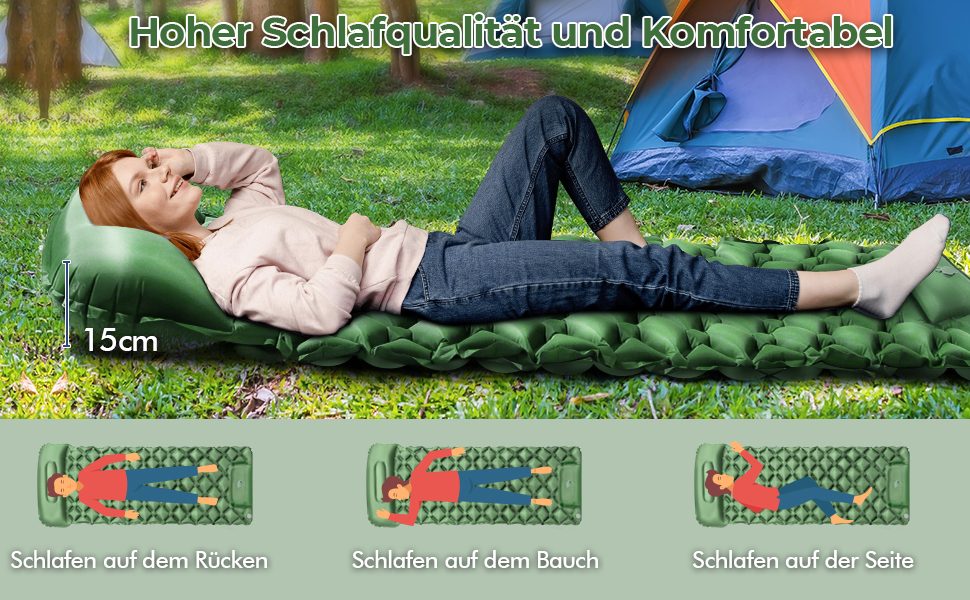 Надувний килимок для кемпінгу самонадувний Ultraleichte 195x60 см з вбудованою подушкою та помпою, водонепроникний, зелений