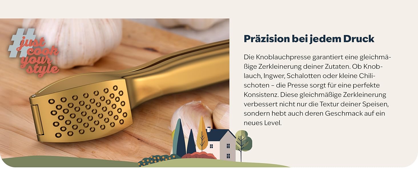 Преміум-прес для часнику Kjøk - з цинкової сплави, хромоване покриття, професійний, для миття в посудомийній машині, стильний, подарунок на День Матері (золотий)