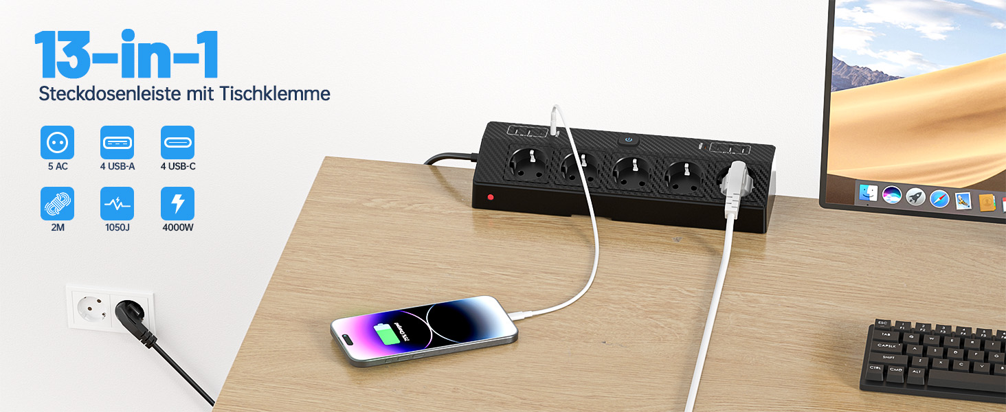 Мережевий фільтр PASSUS з 5 розетками, 2 USB-C (PD 30W), захист від перенапруги, індивідуальне вмикання, 10-в-1, з кабелем 2м, для офісу, чорний