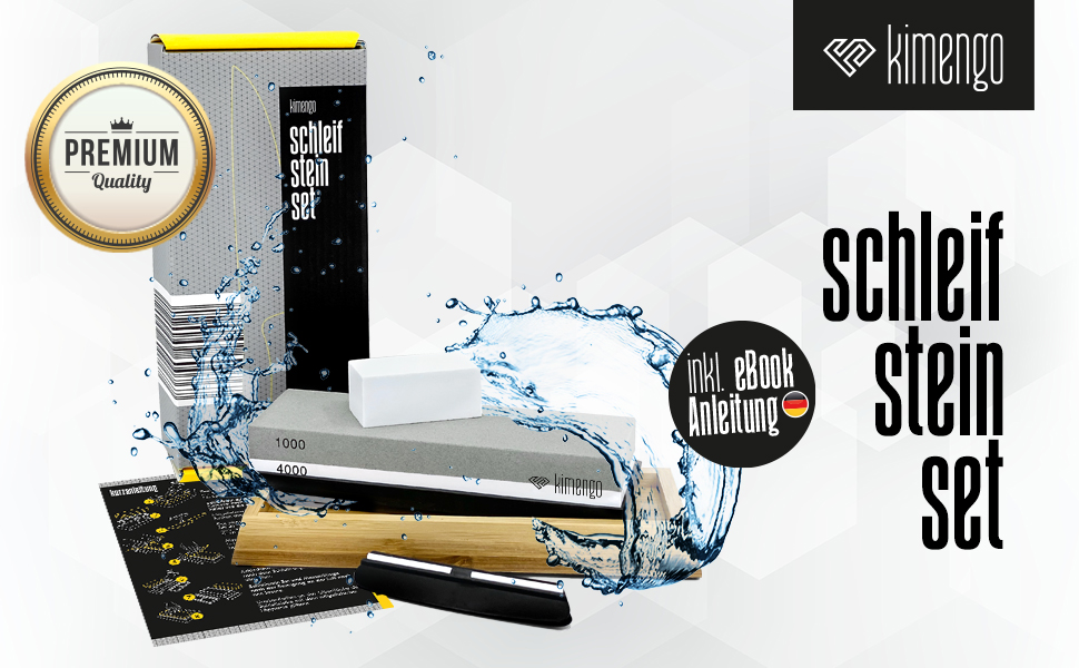 Набір для заточування ножів [PROFI SET] Schleifstein: двосторонній точильний камінь 1000/4000, підставка, eBook, точило для ножів