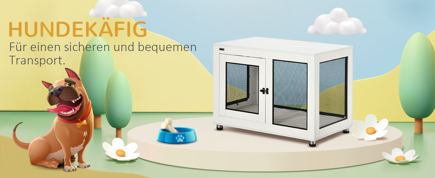 Клітка для собак PawHut з 2 дверцятами, знімний лежак, сучасна сталева собача будка для дому, підходить для великих собак до 30 кг, білий, 94x60x71,5 см