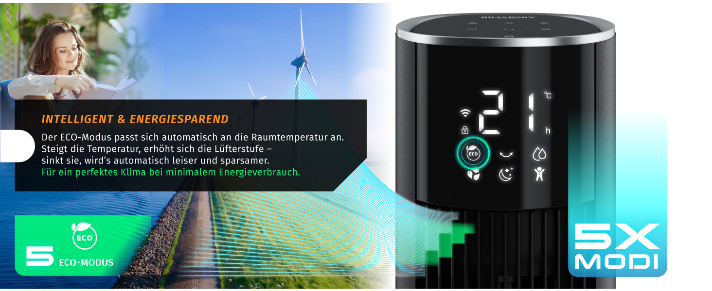 Вентилятор Tower Brandson ECO GREEN з водяним охолодженням, Wi-Fi, управління Alexa – мобільний кондиціонер, чорний