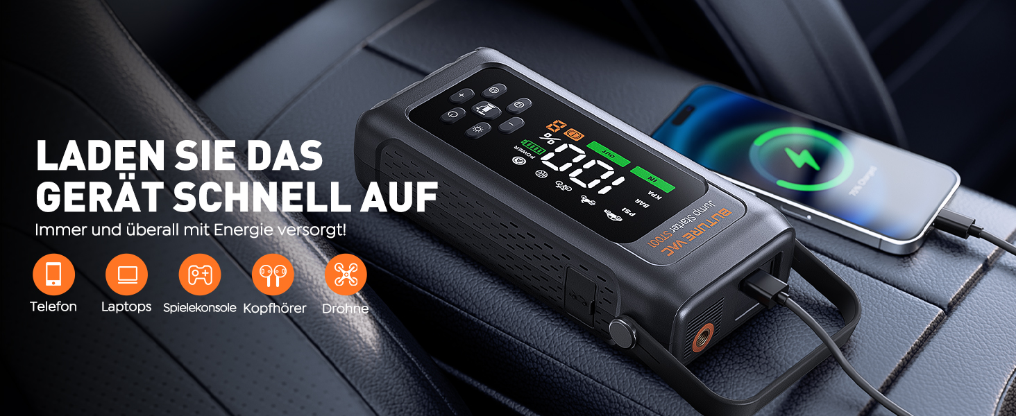 Powerbank Starthilfe 5000A з компресором 150PSI: акумулятор для авто 12V, бустер, аварійний старт, ліхтарик, рукавички