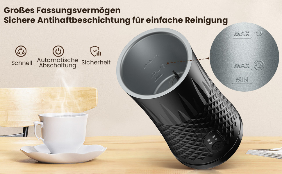 Електричний спінювач молока HAPPHOOH 4-в-1, 240 мл, чорний, з автоматичним відключенням та антипригарним покриттям