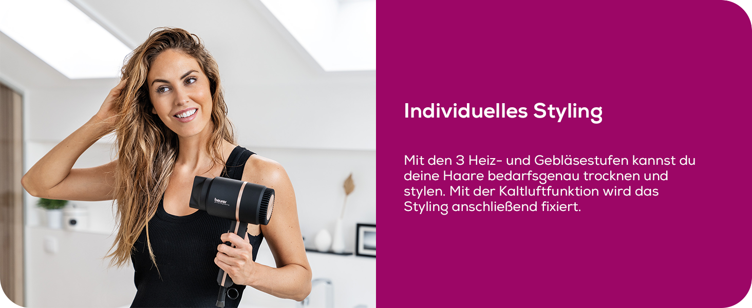 Фен Beurer HC 35 з іонізацією, чорний: потужний, з насадкою, LED-дисплей, для блискучого волосся