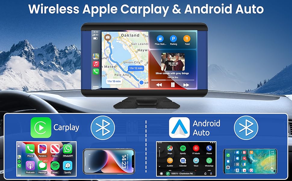 Портативне автомобільне радіо Rimoody 7'' з IPS-дисплеєм, Bluetooth, CarPlay, Android Auto, FM-трансмітером, GPS, голосовим управлінням, USB/AUX/TF для авто 7-32В