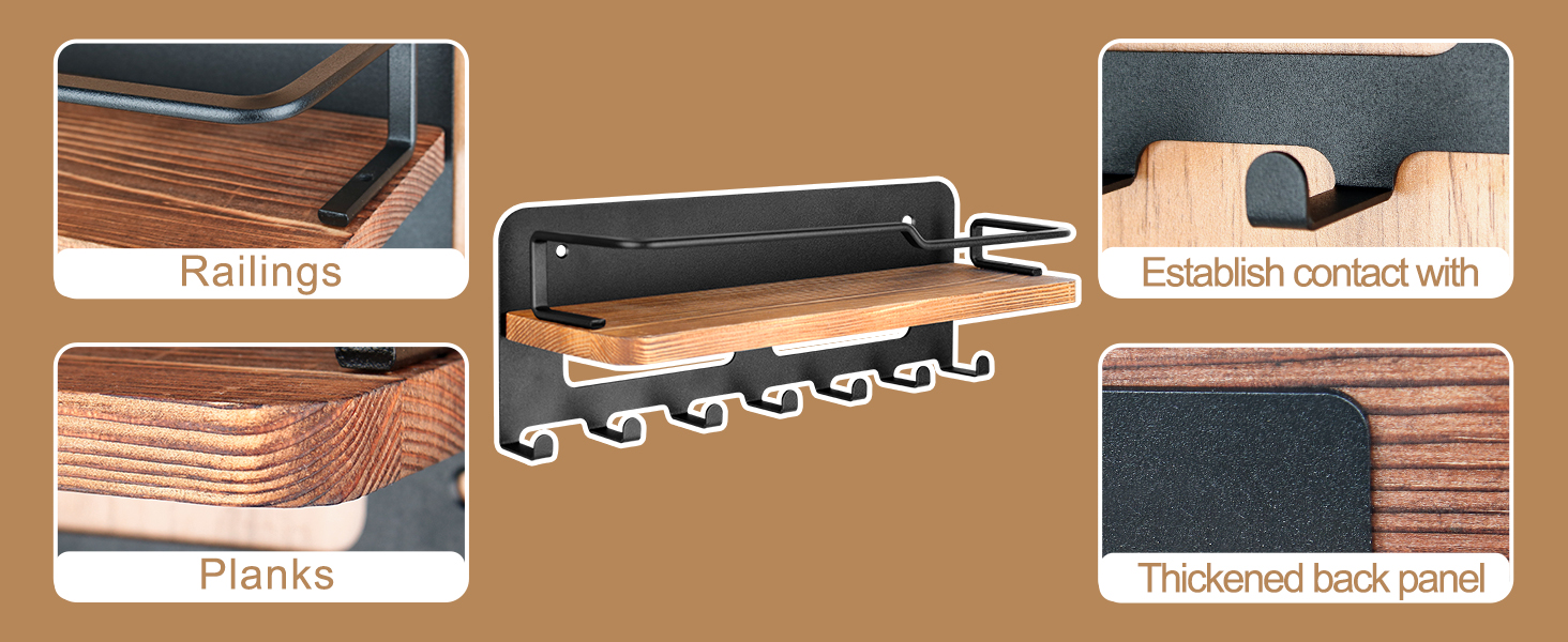 Дерев'яне ключове дошка JiangLin з полицею, декоративний тримач для ключів, настінна організація для ключів з 7 гачками, для входу, коридору, вітальні, чорний