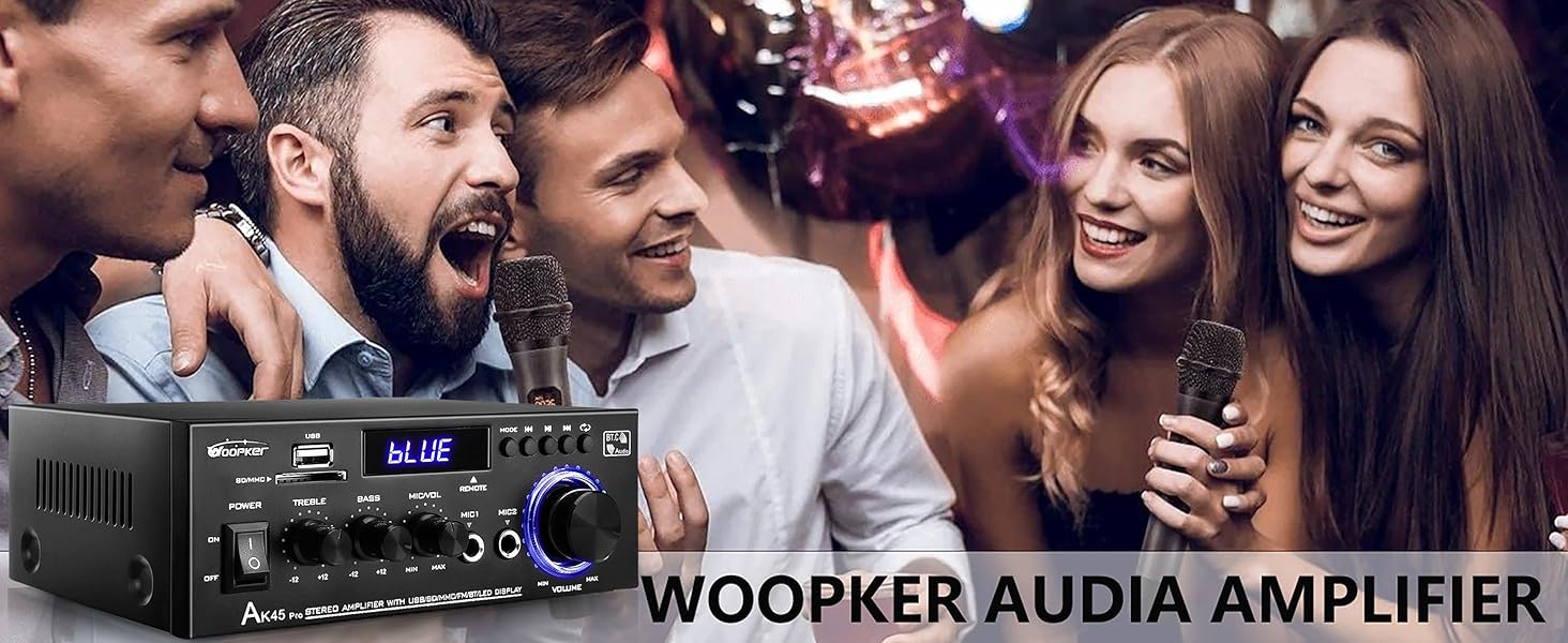 AK45 Pro HiFi підсилювач WOOPKER Mini, 500Вт, 2-канальний, Bluetooth, HiFi стерео з FM-радіо, USB, SD, RCA, MIC, аудіо ресивер для дому та авто