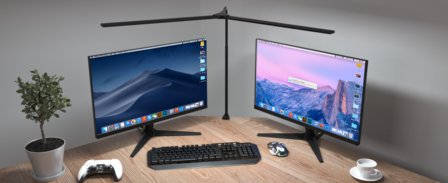 Світлодіодна лампа настільна для офісу та дому, світло для монітора, 1400 люмен, регульована яскравість, кріплення-затискач, лампа для робочого місця, гусяча шия, подвійний насадки, 5 режимів кольору та рівнів яскравості, білий колір (чорний, 80 см)