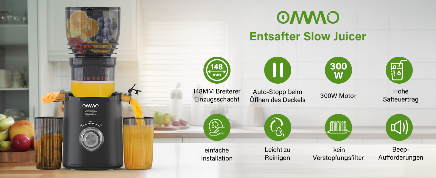 Шнекова соковижималка OMMO Slow Juicer для овочів та фруктів, 300 Вт, чорна