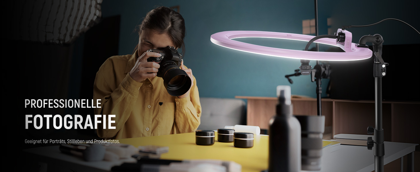 NEEWER Комплект кільцевого світла для фото та відео: 48 см, 52 Вт, регульоване LED світло, штатив, Bluetooth, рожевий (RP18B Pro)