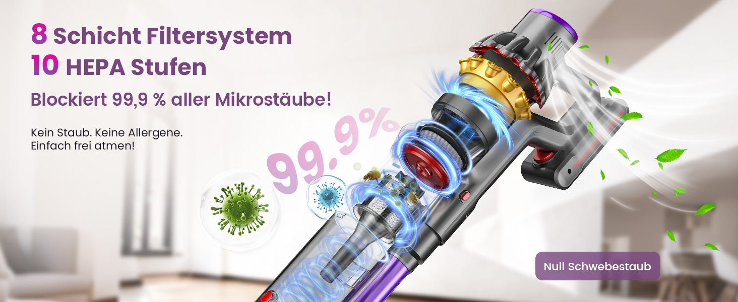 Бездротовий акумуляторний пилосос 45000 Па/580 Вт/70 хв, легкий, 6-в-1, з LED дисплеєм, станцією зарядки та насадкою проти спутання шерсті, для твердих поверхонь, килимів та шерсті тварин