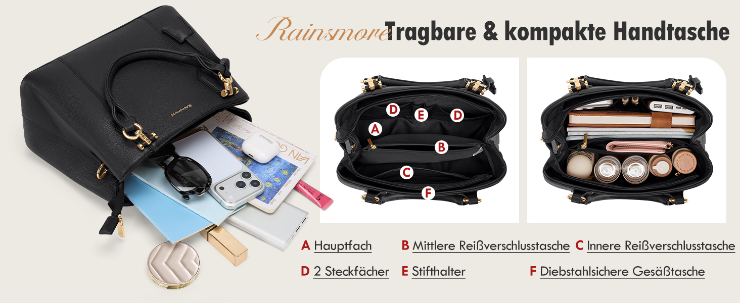 Сумка жіноча RAINSMORE середнього розміру з екошкіри, чорна. Сумка-тоут, сумка на плече, сумка через плече.