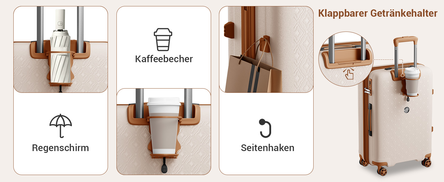 Великий валіза KONO з підсклянником, жорсткий корпус, легкий, поліпропілен, розширюваний, 4 колеса, TSA-замок, чорний/коричневий (кремовий/коричневий), XL