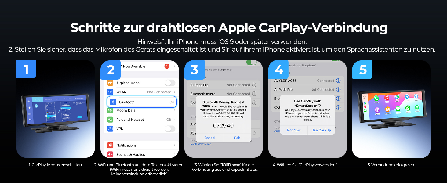 Krunia 8.1'' Бездротовий портативний CarPlay-екран 60FPS для Apple CarPlay та Android Auto з OTA-оновленнями, камерою заднього виду, Mirror Link, Bluetooth, голосовим керуванням та GPS-навігацією