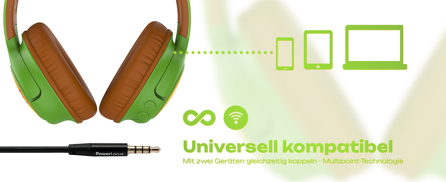 Дитячі навушники PowerLocus Bobo Bluetooth з LED-підсвічуванням та обмеженням гучності, Over-Ear, з мікрофоном для дітей, сумісні з телефоном/планшетом, для подорожей