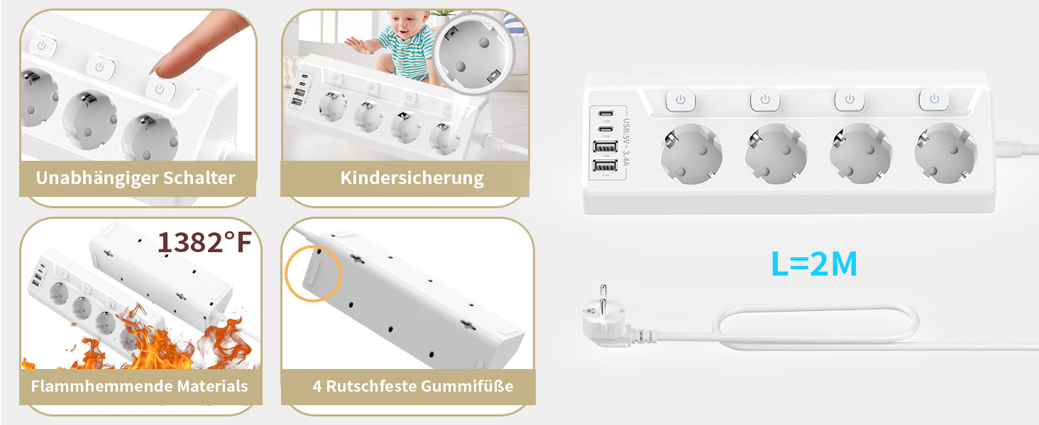 Многофункціональна мережева розетка з USB-C та захистом від перенапруги, 6 розеток, 2м кабель, 4000W, 16A, для кухні, дому, офісу (білий)