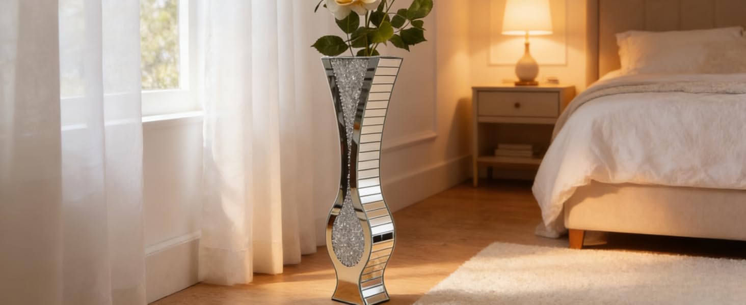 Ваза для квітів велика 68 см, підлогова ваза: срібна ваза з кристалами для пампас трави, скляна ваза з дзеркальним покриттям, декоративна ваза з блискітками для вітальні, декор інтер'єру – не для води (21.5L x 13B x 68.5H cm)