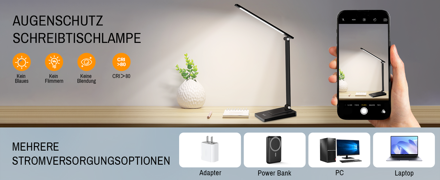 LED лампа настільна Eraylife: бездротова, 800LM, 2600mAh, 5 кольорів, 5 рівнів яскравості, диммування, для дітей, офісу, з USB, чорна