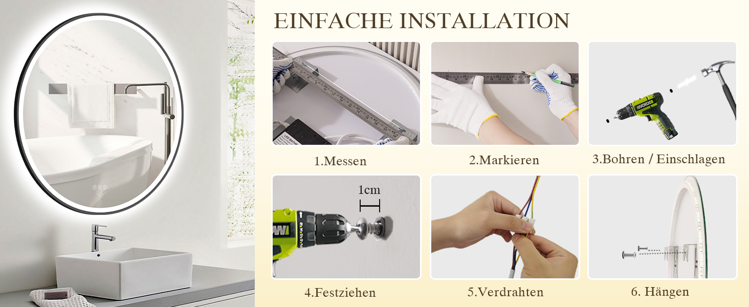 Дзеркало для ванної кімнати з підсвічуванням LED, антизапар, сенсорне керування, регулювання яскравості, 3 кольори світла, функція пам'яті, захист від вибуху, кругле дзеркало 50см (металевий каркас+bluetooth)