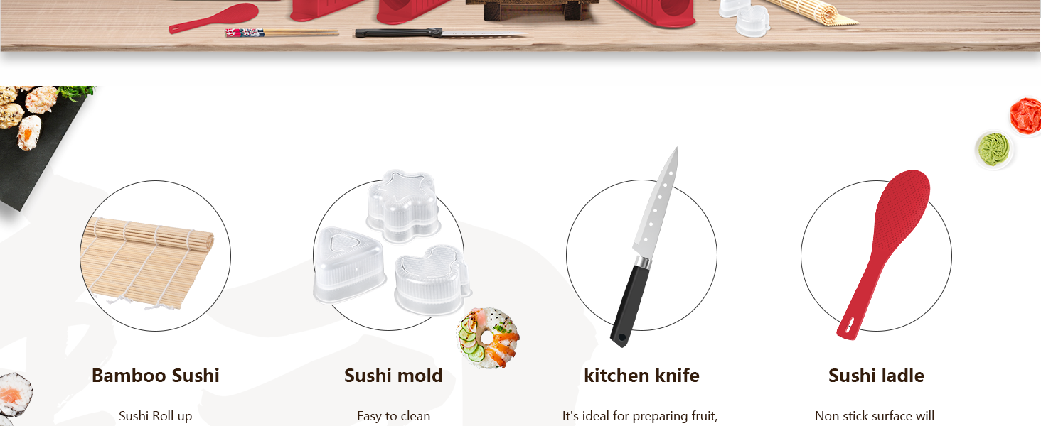 Набір для приготування суші, 20 предметів, для початківців, з формами для ролів, виделкою, ножем, килимком для ролу, палочками, повний комплект (Чорний) (Червоний+тарілка)