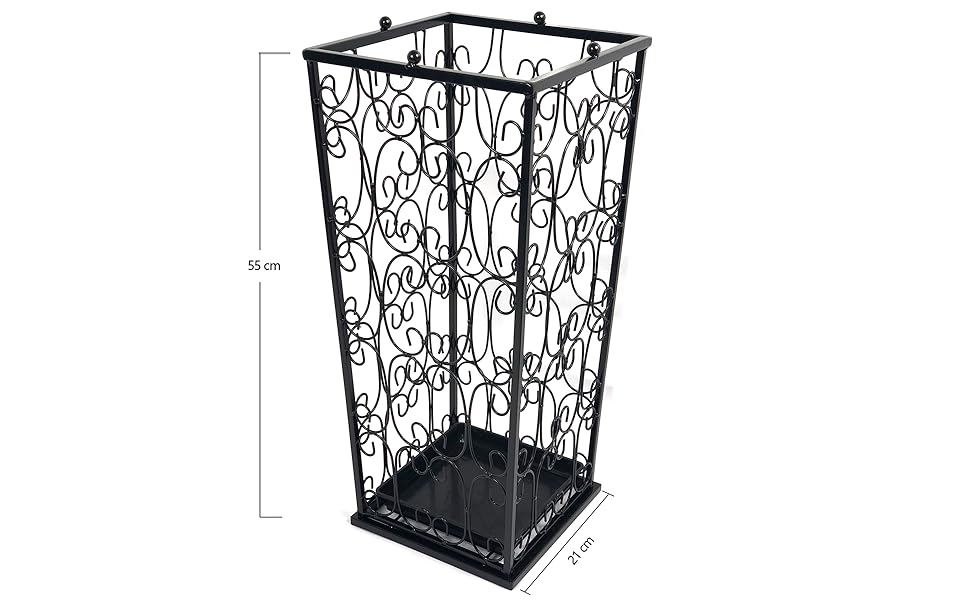 AcornFort Large Black Metal Umbrella Stand with 4 Hooks - Entryway, Office, Hallway Storage - Water Resistant Base (56x25x25cm)