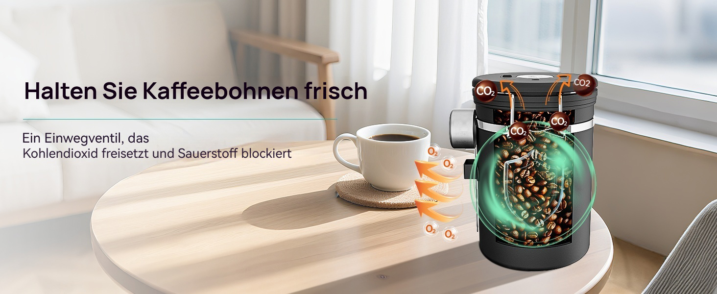 Контейнер для кави Coffee Gator з нержавіючої сталі, герметичний, з датчиком дати та CO2-вентилем, мірна ложка, для кавових зерен, кавової гущі, горіхів, чаю, цукру, борошна, сріблястий