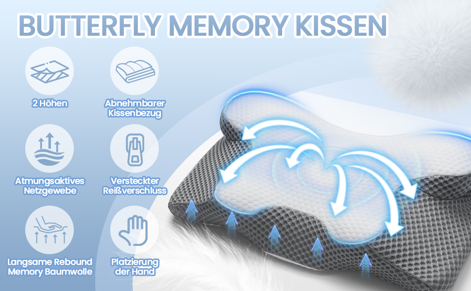 Ортопедична подушка для шиї з Memory Foam, Ergonomische, 2 висоти, для сну на боці, спині та животі, сірого кольору