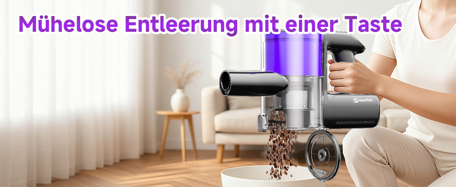 Бездротовий акумуляторний пилосос Hearten 4-в-1 з LED дисплеєм та антизаплутувальною насадкою, сенсорне управління, для видалення шерсті тварин, килимів та твердих поверхонь (фіолетовий)