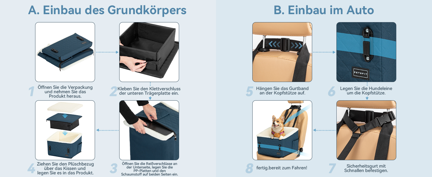 Автомобільний лежак для собак PETFIT, блакитний, до 12 кг, з підняттям 12.5 см, знятний чохол