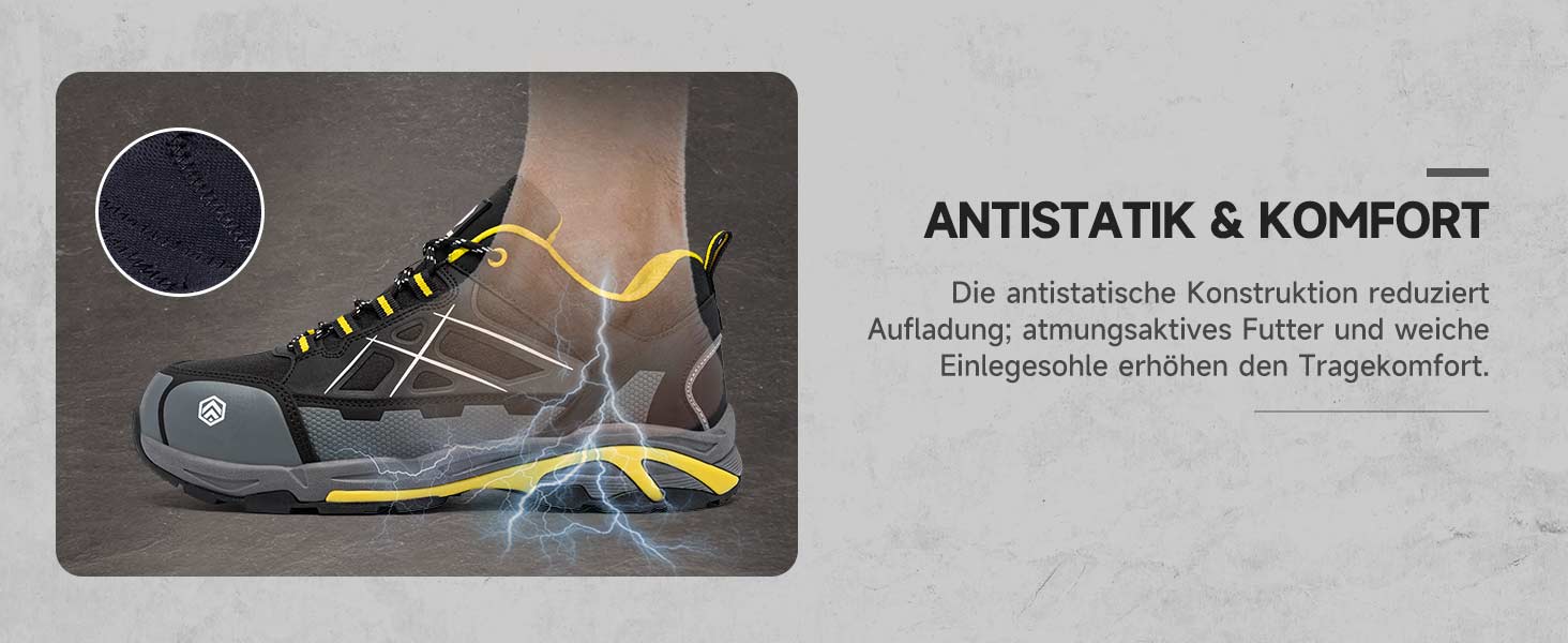 Робочі черевики LARNMERN для чоловіків та жінок. Безпечні черевики SRC, антистатичні, зі сталевим підноском, протипрокольні, легкі, комфортні, дихаючі (43.5 EU, жовті)