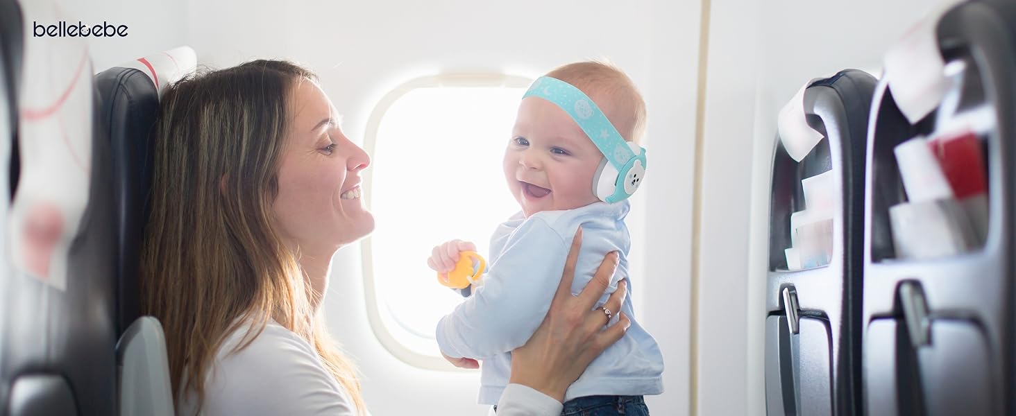 Захист вух для немовлят BELLEBEBE - 0-36 місяців, гіпоалергенний, BPA-free, сертифікований EN352-1, RoHS, CPC, регульоване наголов'я, сумка для перенесення (Азуль)