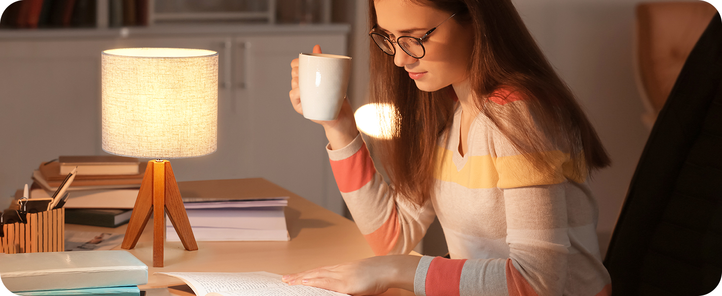 EDISHINE Вінтажна настільна лампа, зелена, дерев'яний штатив, LED, ретро стиль, абажур з льону, E27, для декору спальні та вітальні, бежево-оранжева з лампою