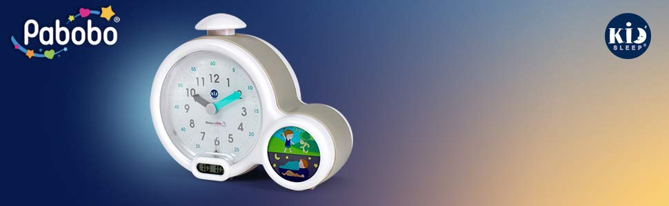 Pabobo Kid Sleep - Alarm Clock - Educational Children's Alarm Clock Day / Night Light - Dual Display and 3 Alarms to Choose From - Works on DC or Batteries – Grey