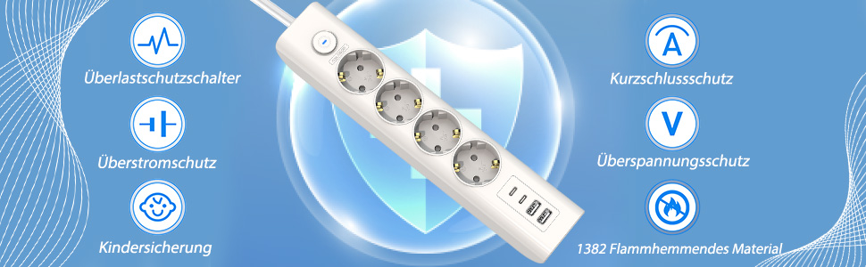 Мережевий фільтр Steckdose 8 в 1 з USB, 3680W з вимикачем, 16A з 2 USB-C, для смартфонів, ноутбуків, iPad, білий кабель 1.8м