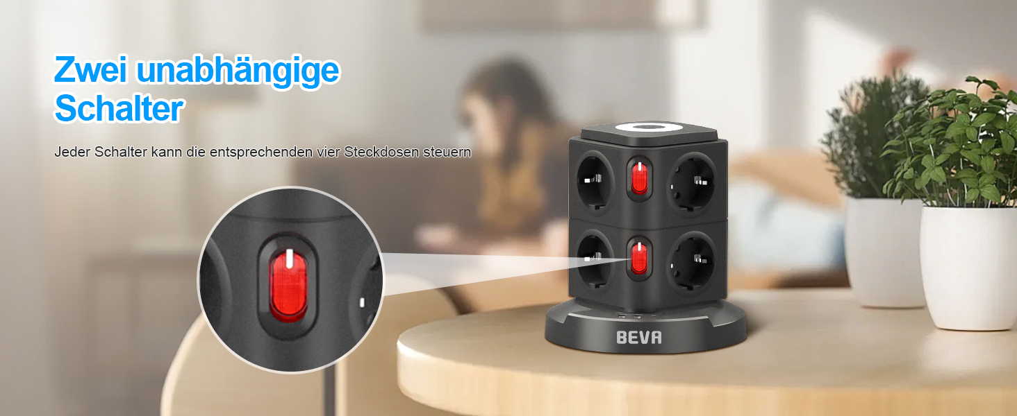 Мережевий фільтр BEVA на 8 розеток з USB-C та USB-A, LED-підсвіткою, 2 окремими вимикачами та захистом від перенапруги, кабель 2м, 2500Вт, чорний