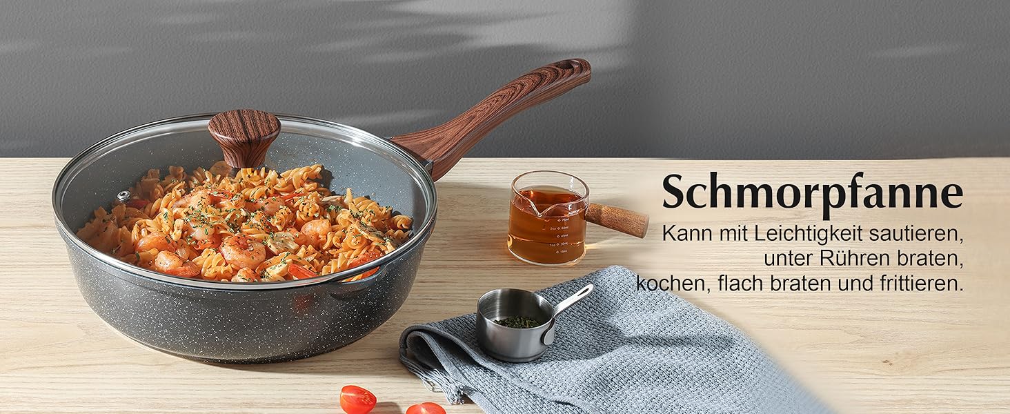 Набір посуду SENSARTE з антипригарним покриттям 13 предметів, гранітний, з кришками та силіконовими інструментами, сірий