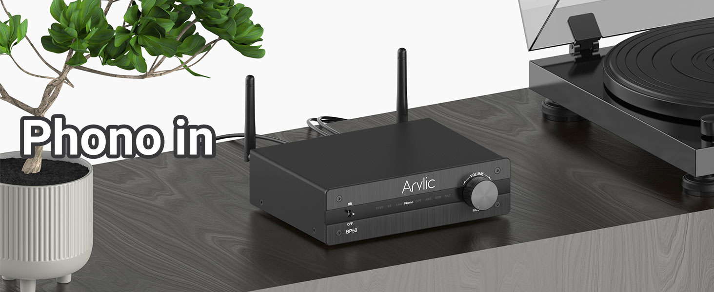 Arylic BP50 Bluetooth 5.2 Аудіоприймач для стереосистем з aptX, HDMI ARC, Phono входом та Free App. Bluetooth аудіоадаптер з DAC, RCA виходи для AV-ресивера або стерео-попереджувача.