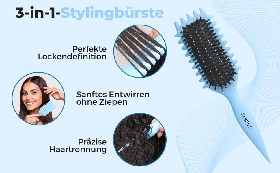 Щітка для волосся Lockenbürste Premium - для кучерявого волосся, біо-щітка з щетиною дикого кабана, 3-в-1 для створення локонів (Лілаковий, Світло-блакитний)